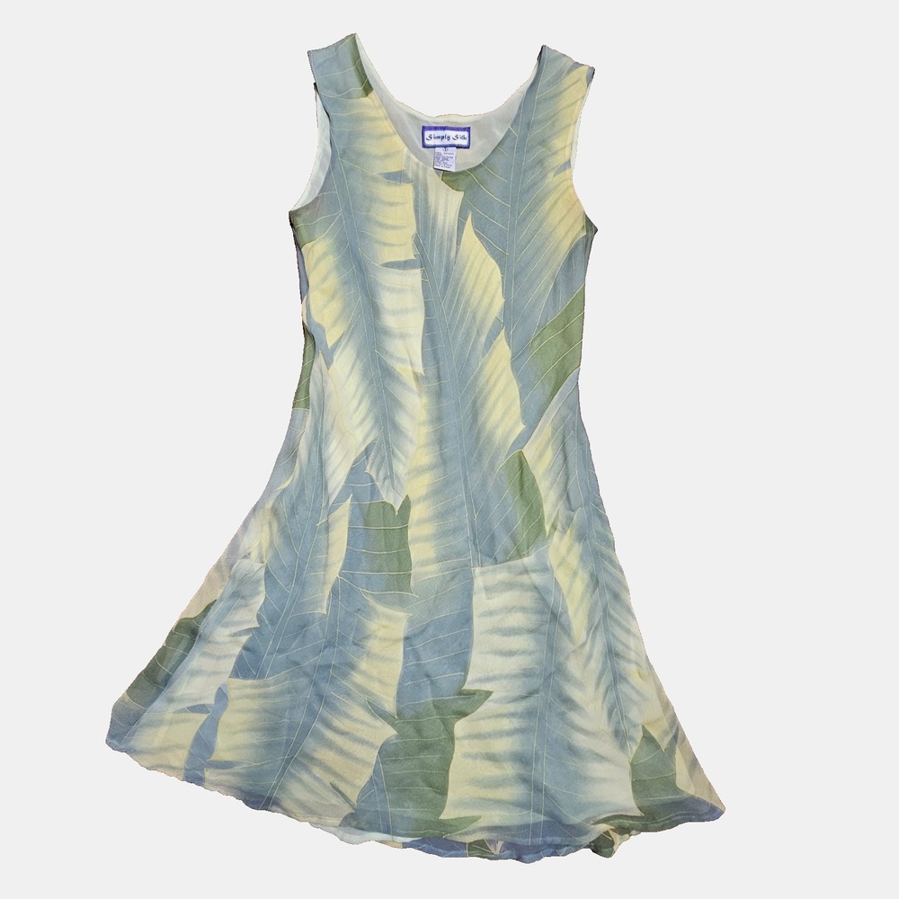 Simply Silk Tropical Leaf Print A-Line Dress‎ S Sleeveless Hawaiian Vacation Y2K